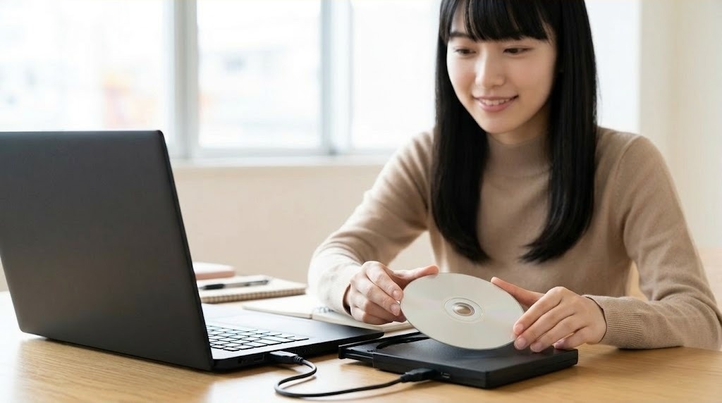 外付けのディスクドライブをつないだパソコンでOotakeを使ってPCエンジンCD-ROM2を遊ぶ様子