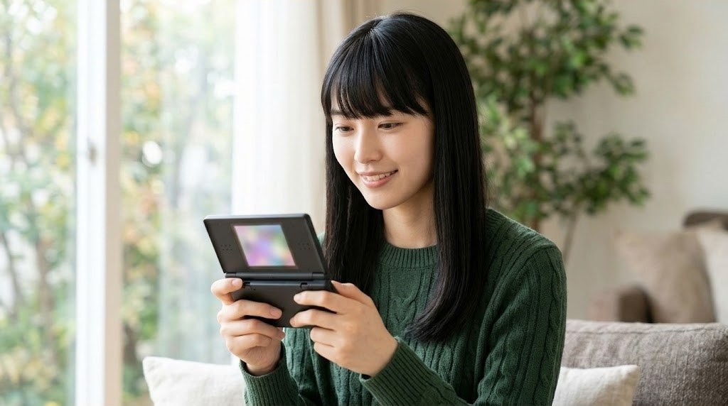 折りたたみ式のAndroid携帯機でPS2のエミュを遊ぶ女性