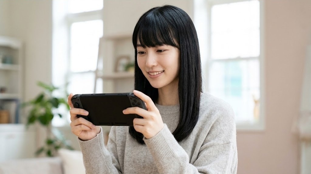 PS2の本命となるAndroid携帯機を手に取って確かめる女性