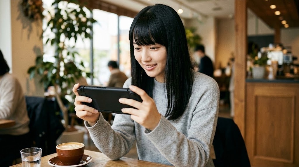 7インチの大画面のAndroid携帯機でゲームを遊ぶ女性