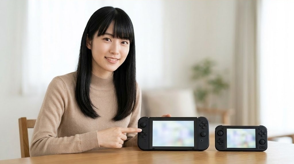 携帯ゲーミングPCとAndroid携帯機を並べて、PS2を遊ぶ機種を比べる女性