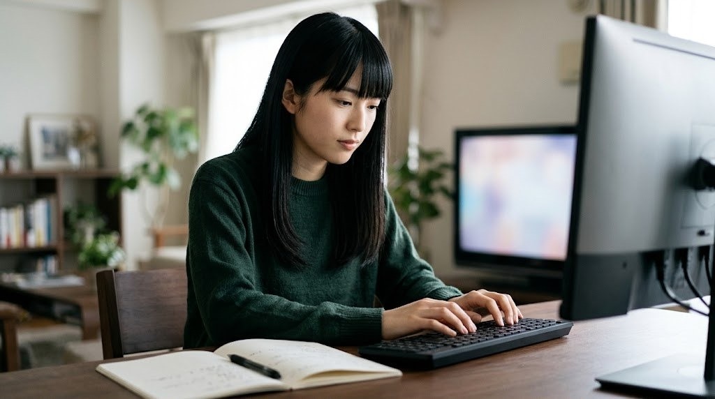 攻略本のチートコードを見ながらRetroArchに手で入力する女性