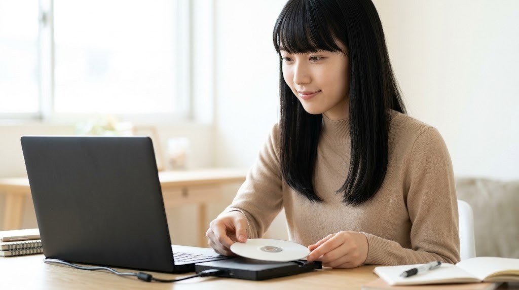 パソコンの外付けドライブにディスクを入れてSSFで遊ぶ準備をする様子